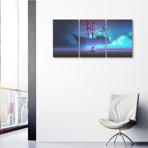 Starry Sky And Pirate Ship 3 Panels Canvas Wall Art Bedroom