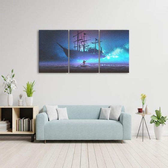 Starry Sky And Pirate Ship 3 Panels Canvas Wall Art Decor