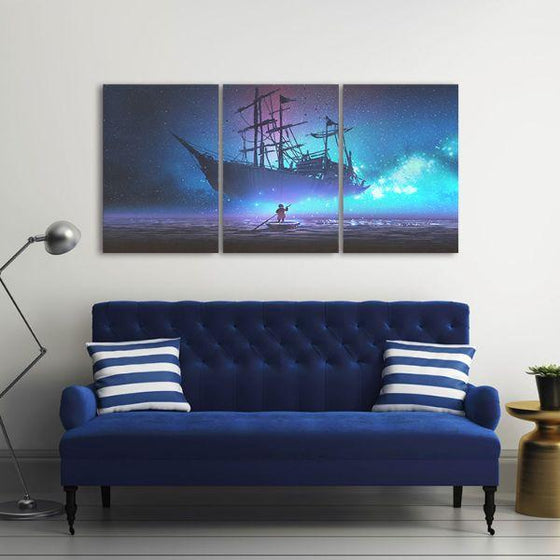 Starry Sky And Pirate Ship 3 Panels Canvas Wall Art Office