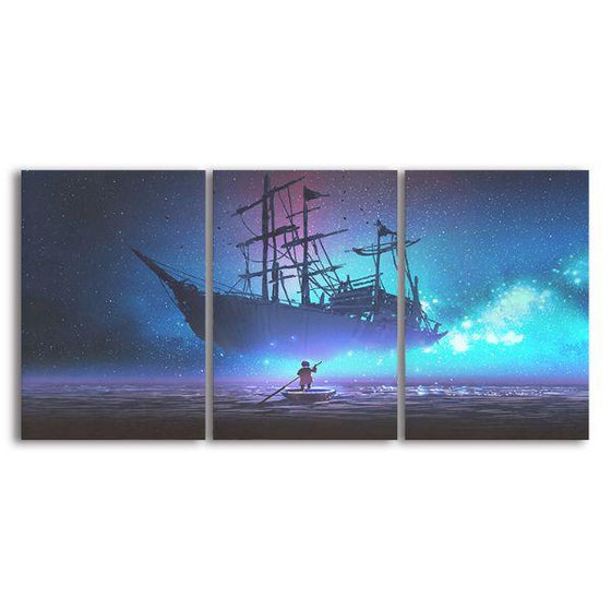 Starry Sky And Pirate Ship 3 Panels Canvas Wall Art