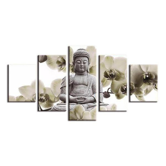 Statue Of Buddha With White Flowers Canvas Wall Art
