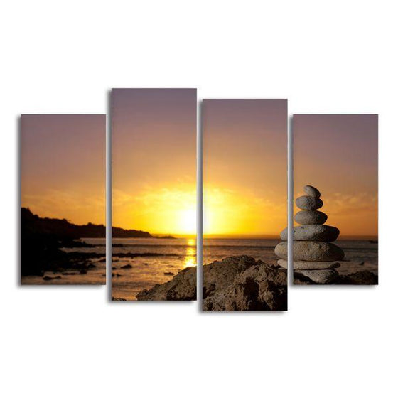 Stones Balanced At Sunset 4 Panels Canvas Wall Art