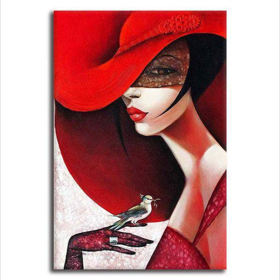 Stylish Woman With Red Hat Wall Art Canvas