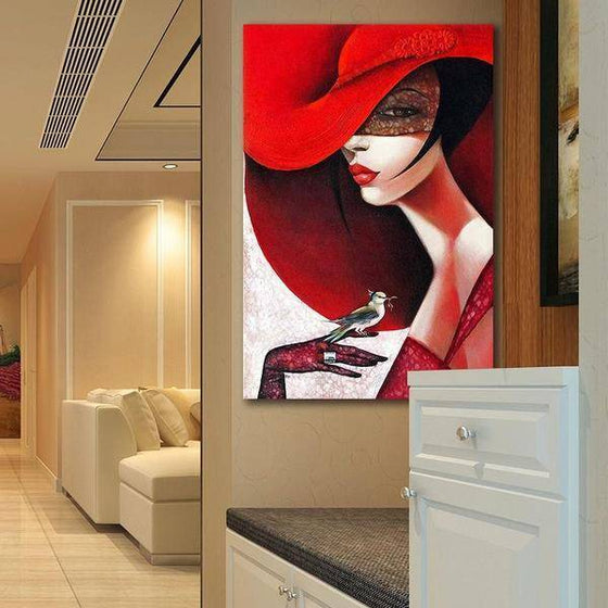 Stylish Woman With Red Hat Wall Art Decor