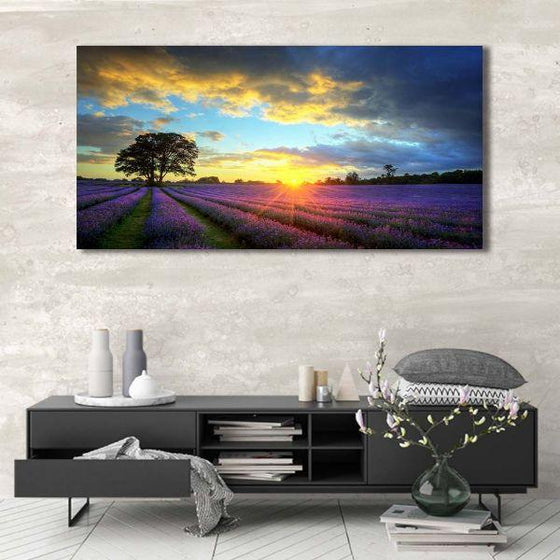Sunrise View In A Lavender Field Canvas Wall Art Decor