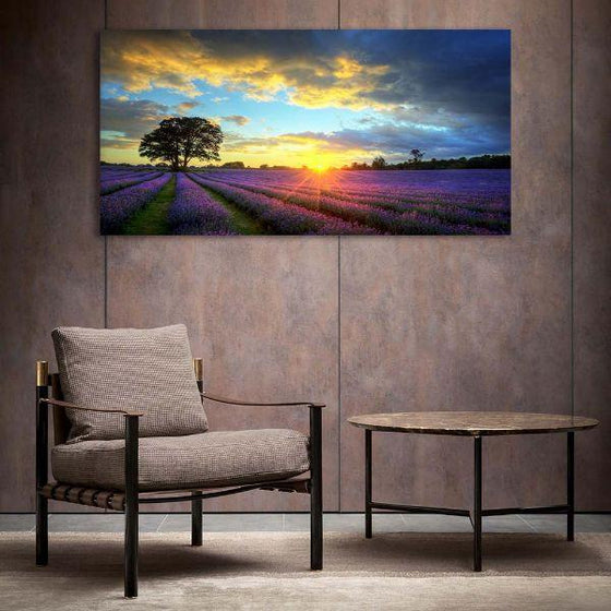 Sunrise View In A Lavender Field Canvas Wall Art Print
