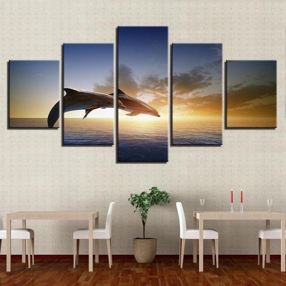 Sunset & Dolphins Canvas Nature Wall Art