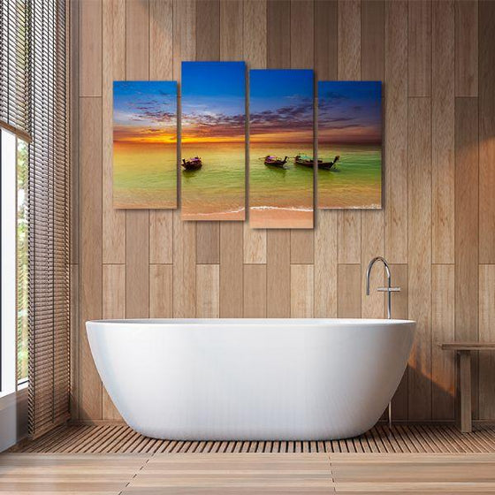 Sunset & Wooden Canoes 4 Panels Canvas Wall Art Bath Room