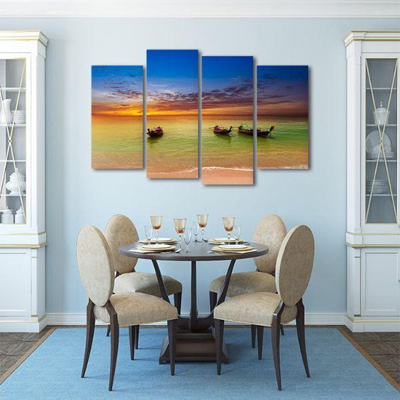 Sunset & Wooden Canoes 4 Panels Canvas Wall Art Dining Room