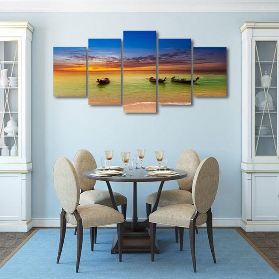 Sunset & Wooden Canoes 5 Panels Canvas Wall Art Dining Room