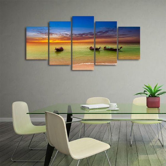 Sunset & Wooden Canoes 5 Panels Canvas Wall Art Office