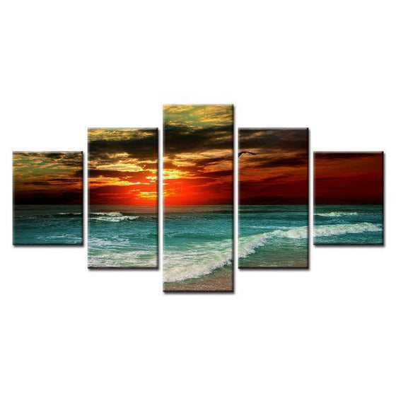 Sunset And Beach Waves Canvas Wall Art
