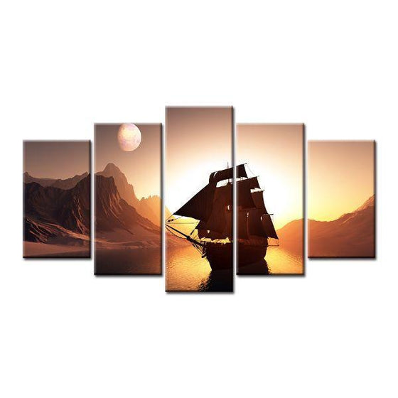 Sunset Mountain Ship Canvas Wall Art