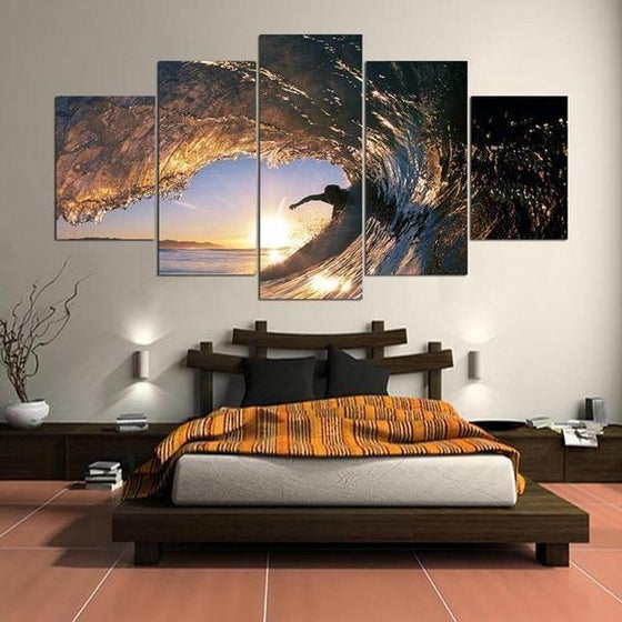 Sunset Surfing Waves Canvas Bed Room Wall Art