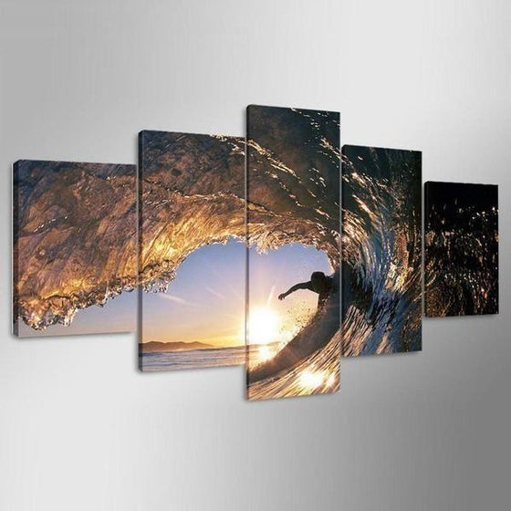 Sunset Surfing Waves Canvas Five Panel Wall Art