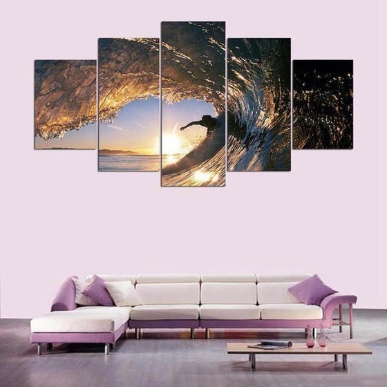 Sunset Surfing Waves Canvas Living Room Wall Art