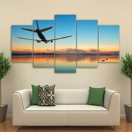Airplane Landing Sunset Canvas Wall Art Living Room