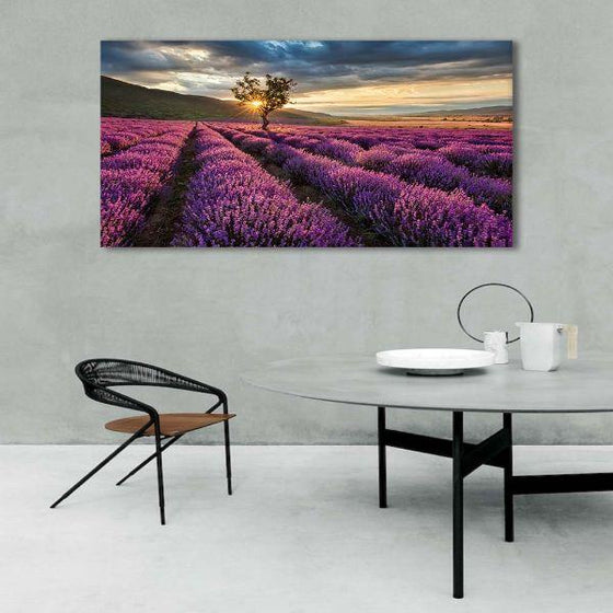 Sunset View With Lavender Field Canvas Wall Art Decor