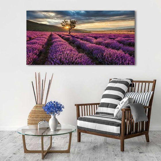 Sunset View With Lavender Field Canvas Wall Art Print