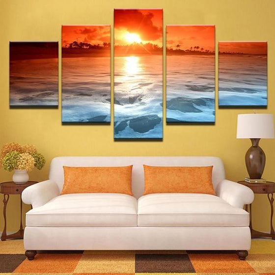 Bright Red Beach Sunset Canvas Wall Art Living Room