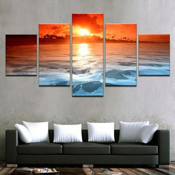 Bright Red Beach Sunset Canvas Wall Art Living Room Decor