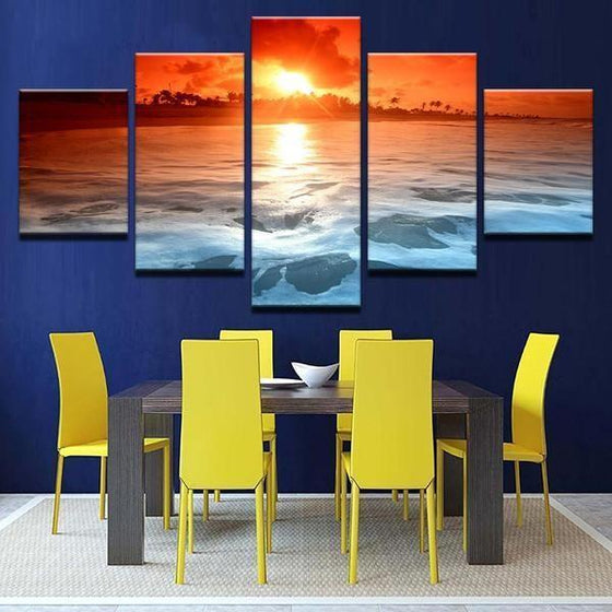 Bright Red Beach Sunset Canvas Wall Art  Dining Room