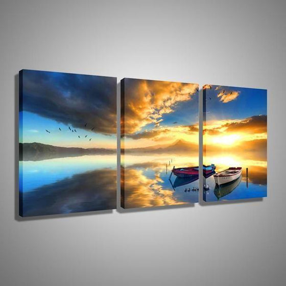 Canoes And Cloudy Sunset Canvas Wall Art  Decor