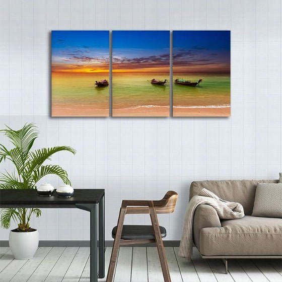 Sunset & Wooden Canoes 3 Panels Canvas Wall Art Decor