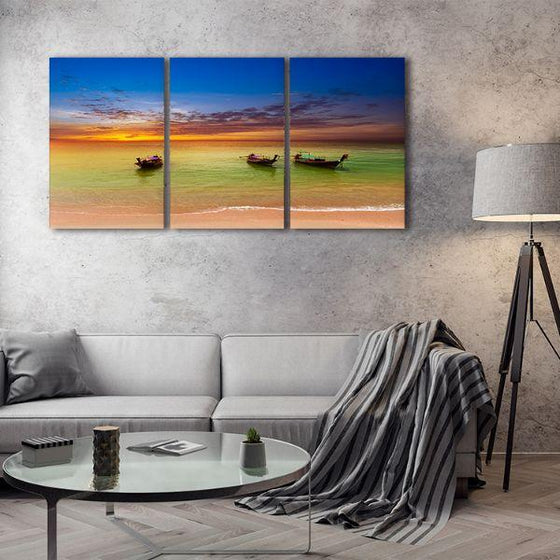 Sunset & Wooden Canoes 3 Panels Canvas Wall Art Living Room