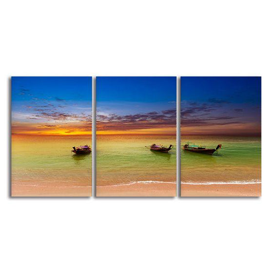 Sunset & Wooden Canoes 3 Panels Canvas Wall Art