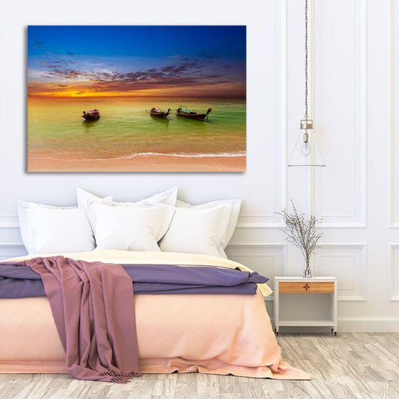 Sunset & Wooden Canoes Canvas Wall Art Bedroom