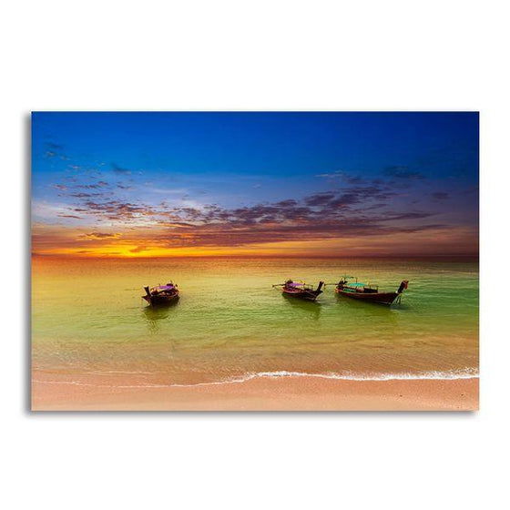 Sunset & Wooden Canoes Canvas Wall Art