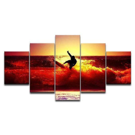 Surfer and Red Sunset Canvas Wall Art