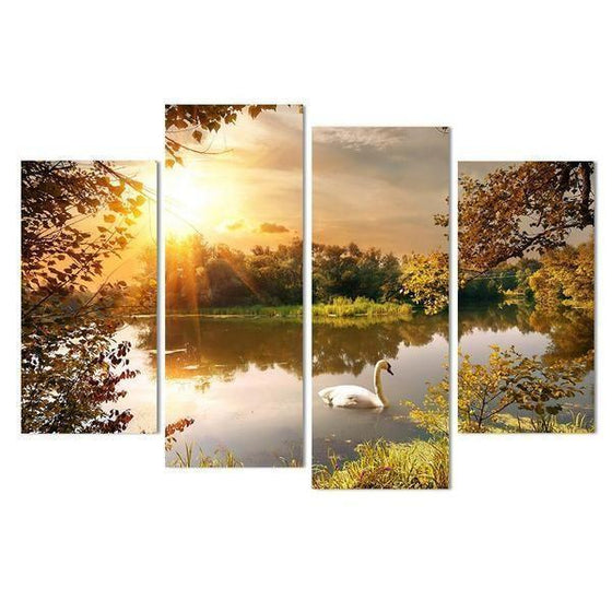 Swan By The Lake Sunset Canvas Wall Art