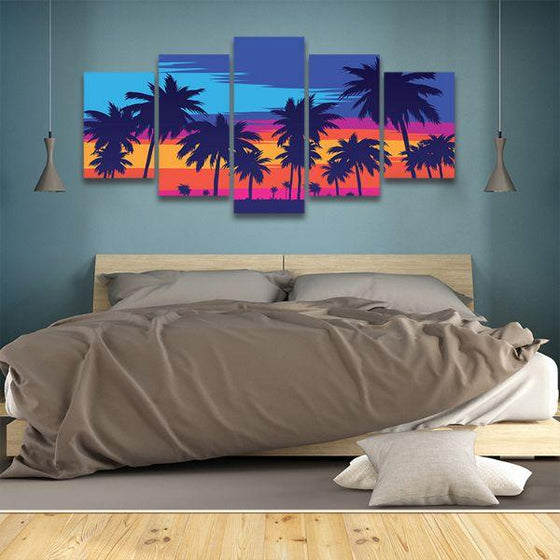 Palm Trees Silhouette 5 Panels Canvas Wall Art Bedroom