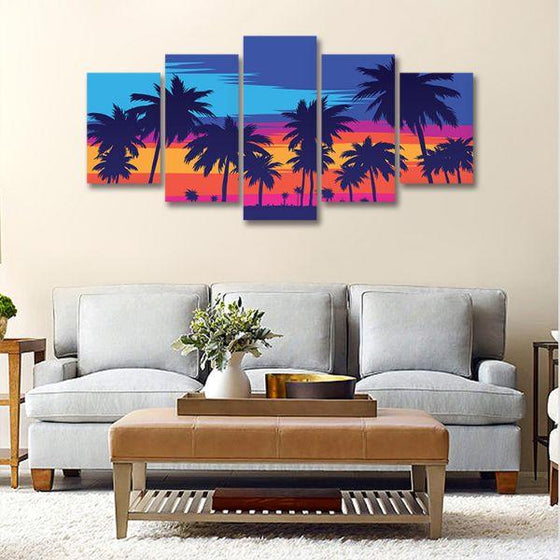 Palm Trees Silhouette 5 Panels Canvas Wall Art Living Room