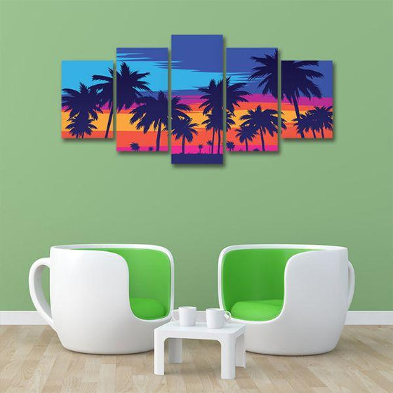 Palm Trees Silhouette 5 Panels Canvas Wall Art Office