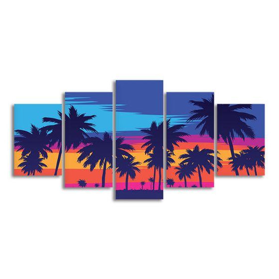 Palm Trees Silhouette 5 Panels Canvas Wall Art