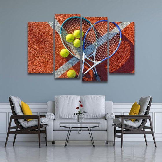Tennis Balls & Rackets 4 Panels Canvas Wall Art Living Room