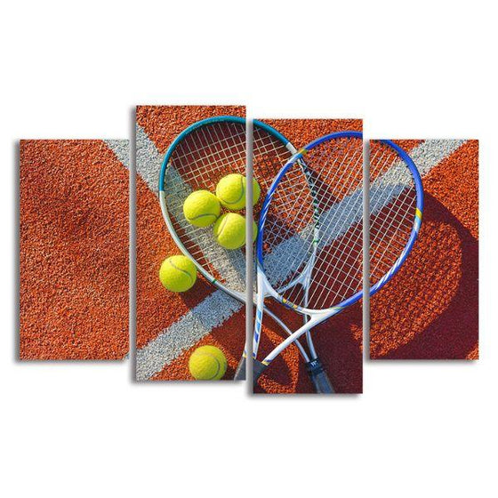 Tennis Balls & Rackets 4 Panels Canvas Wall Art