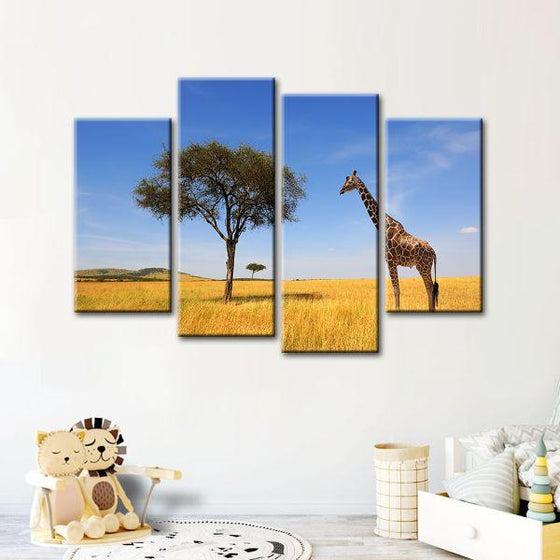 Tree & Giraffe In Africa 4 Panels Canvas Wall Art Decor