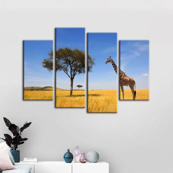 Tree & Giraffe In Africa 4 Panels Canvas Wall Art Set