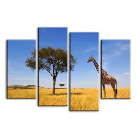 Tree & Giraffe In Africa 4 Panels Canvas Wall Art