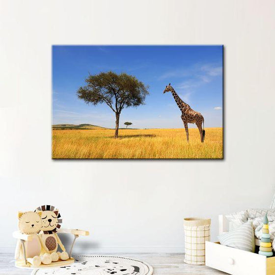 Tree & Giraffe In Africa Canvas Wall Art Print