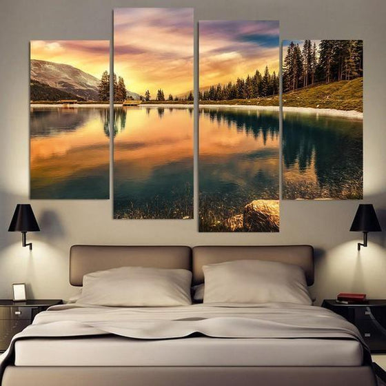 Pine Trees And Lake Sunset Canvas Wall Art