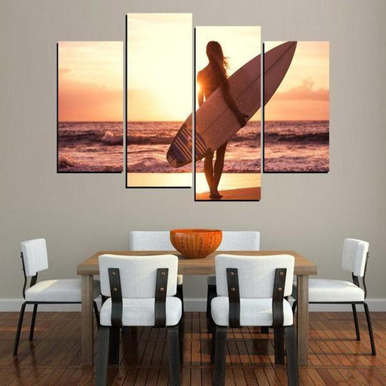 Beach Surfer Behind Sunset Canvas Decor Wall Art