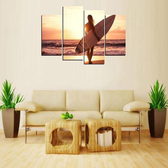 Beach Surfer Behind Sunset Canvas Four Panel Wall Art