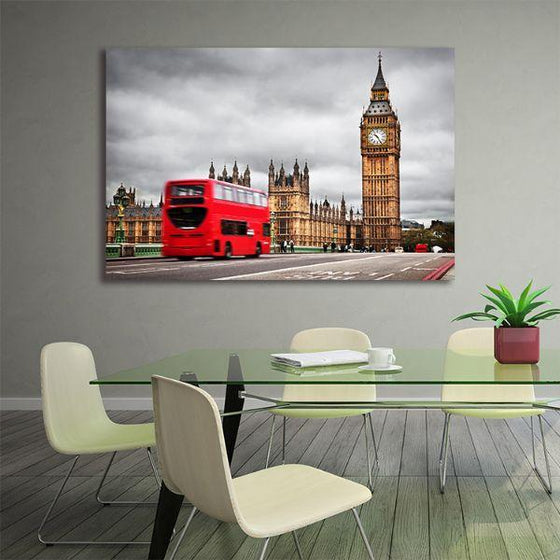UK Red Bus In Motion Canvas Wall Art Office