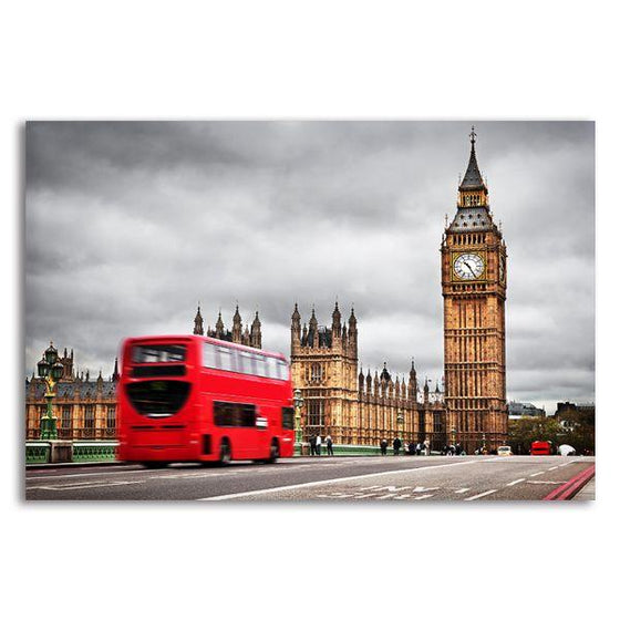 UK Red Bus In Motion Canvas Wall Art