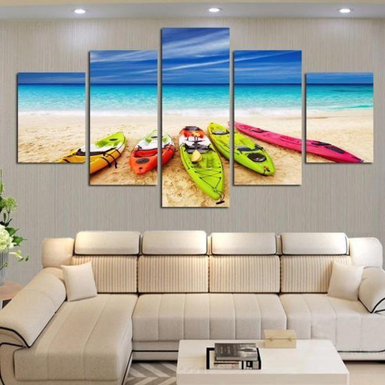 Beach With Kayaks View Canvas Wall Art Living Room
